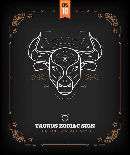 Vintage thin line taurus zodiac sign label. retro astrological symbol, mystic, sacred geometry element, emblem, logo. stroke outline illustration.