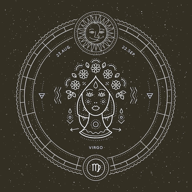 Vector vintage thin line virgo zodiac sign label. retro vector astrological symbol, mystic, sacred geometry element, emblem, logo. stroke outline illustration.