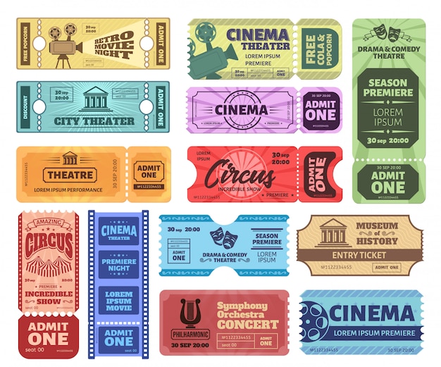 Vector vintage tickets. admit one ticket on circus show, cinema movie night admission coupon and theatre tickets  set. collection of retro colorful vouchers. music concert invitation, museum pass