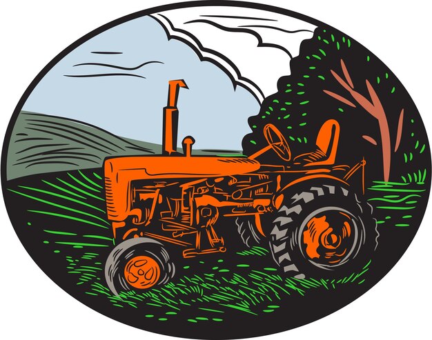 Vector vintage tractor farm woodcut