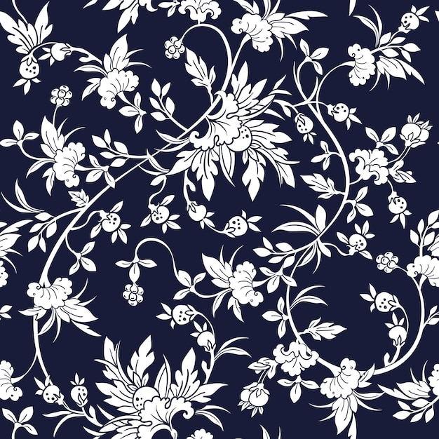 빈티지 전통 꽃 Boatnical 꽃 벡터 원활한 패턴 디자인 패션, 직물, 섬유, 벽지, 커버, 웹, 포장 및 남색과 흰색의 모든 인쇄