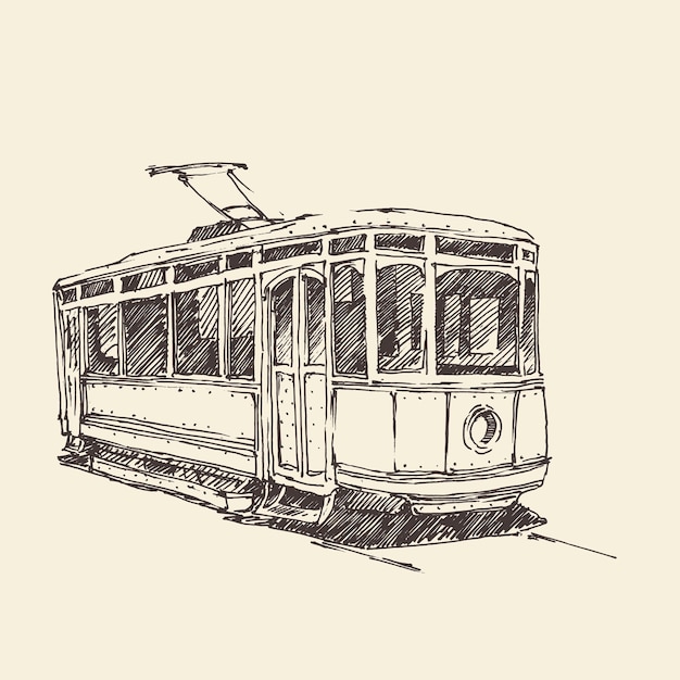 Vector vintage tram, engraved illustration