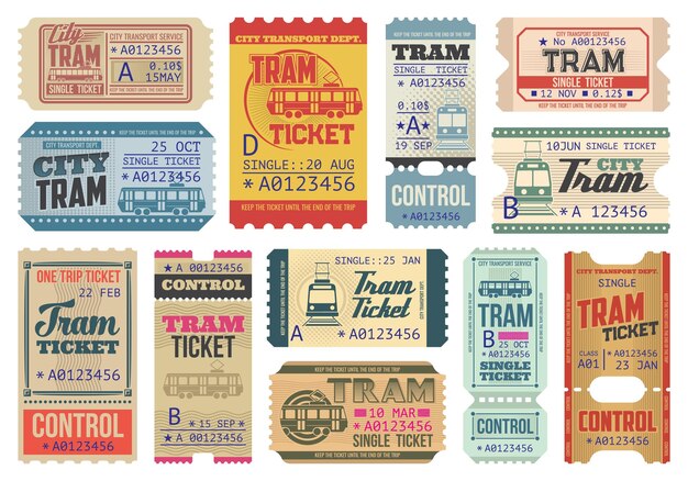Vintage tram tickets isolated vector templates set