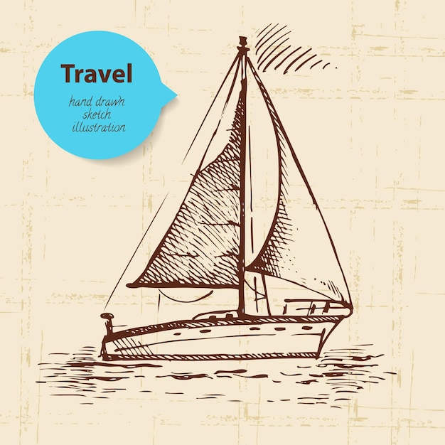 Vector vintage travel background with boat. hand drawn illustration