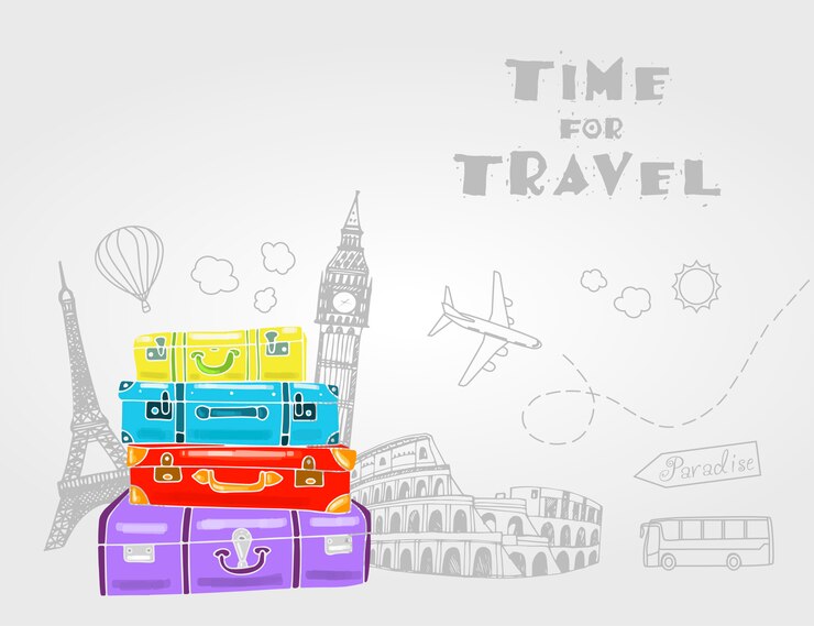 Vector vintage travel bags with different travel elements. 
