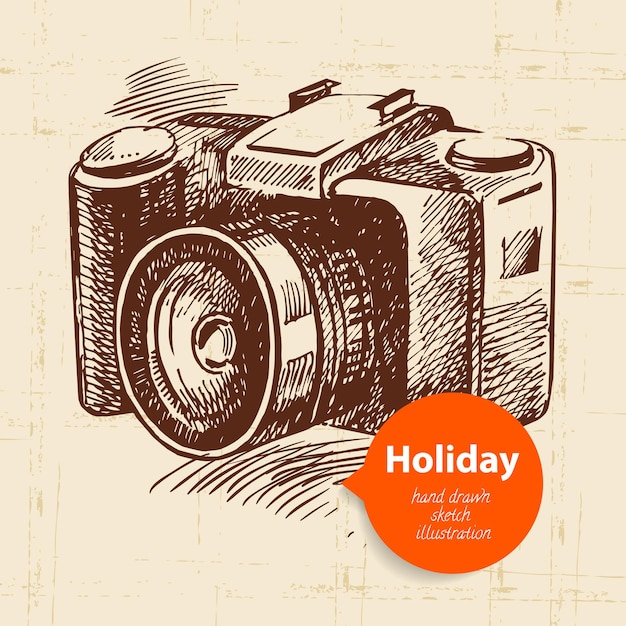 Sfondo di viaggi e vacanze vintage con fotocamera. illustrazione di schizzo disegnato a mano