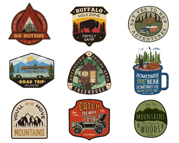 Vintage travel logos patches set. hand drawn camping labels designs. mountain expedition, road trip, surfing. outdoor hike emblems. hiking logotypes collection. stock vector isolated on white.