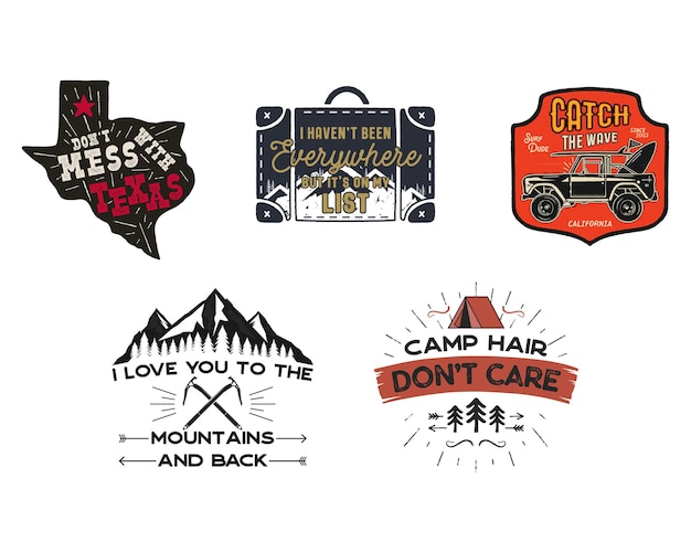 Vintage travel logos patches set. Hand drawn camping labels designs. Texas, backpacking, surfing. Outdoor hike emblems. Hiking logotypes collection. Stock vector isolated on white.