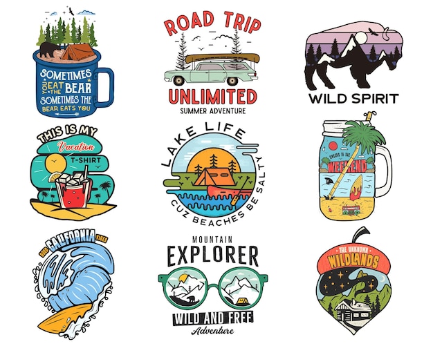 Vintage travel logos, vacation patches set. hand drawn camping labels designs. mountain expedition, road trip, surfing. outdoor hiking emblems. logotypes collection. stock vector isolated on white.