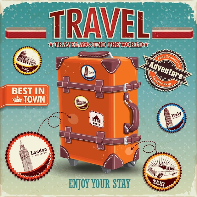 Vector vintage travel luggage poster with labels