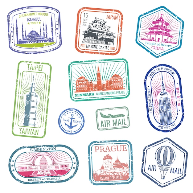 Vector vintage travel stamps with major monuments and landmarks vector set. collection of stamp grunge for air mail and travel illustration