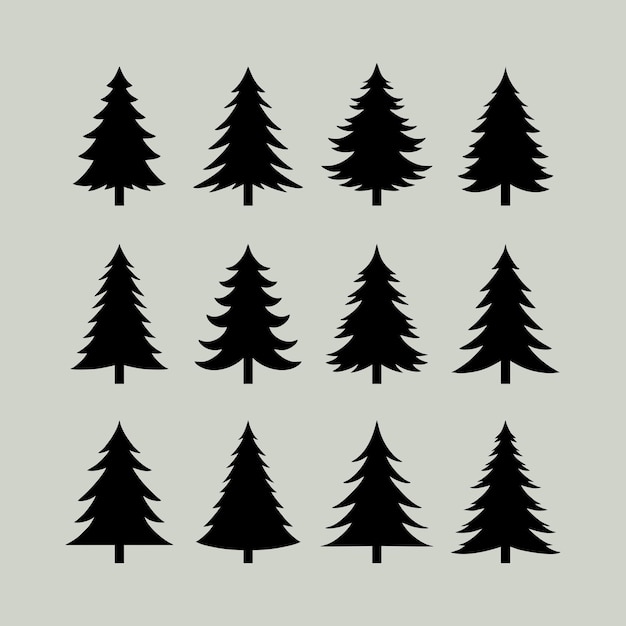 Vintage trees and forest silhouettes set black pine woods design on white background