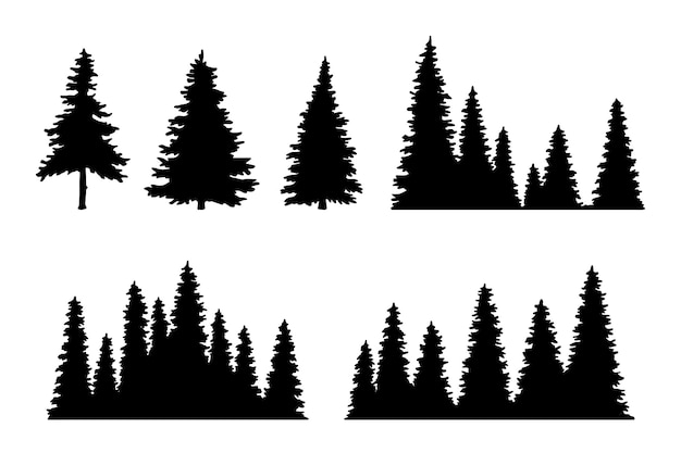 Vintage trees forest silhouettes set outline of a coniferous forest Isolated Vector illustration