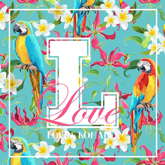 Vintage tropical leaves, flowers and parrot bird graphic design