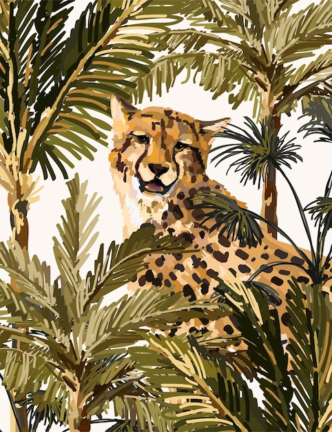 Вектор Винтажные тропические пальмы фон дикой природы гепарда с прыгунком цветочный рисунок иллюстрации