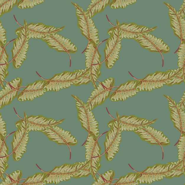 Vettore reticolo senza giunte tropicale dell'annata con foglie su sfondo verde.