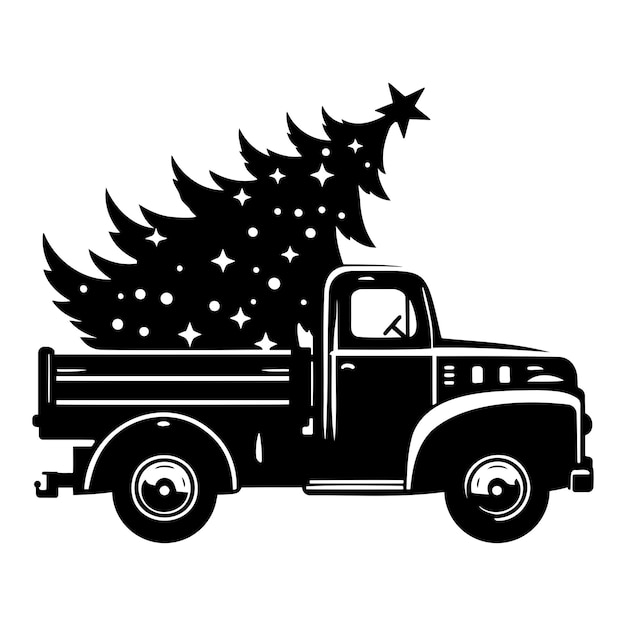 Vector vintage truck with christmas tree silhouette vector illustration