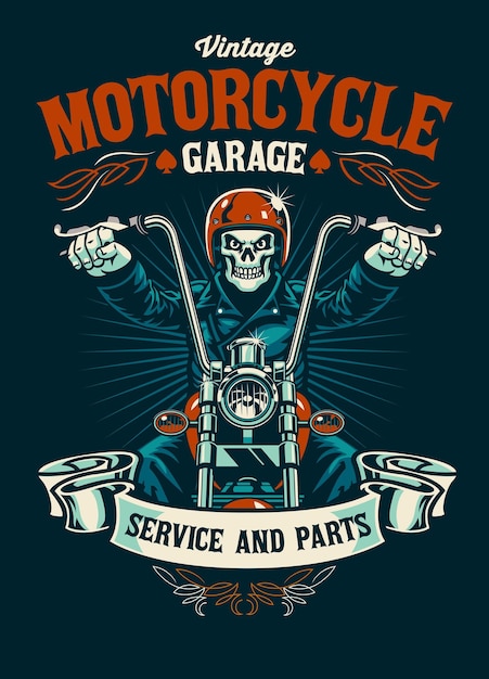 Vintage tshirt ontwerp van motorfiets garage met schedel biker mascotte