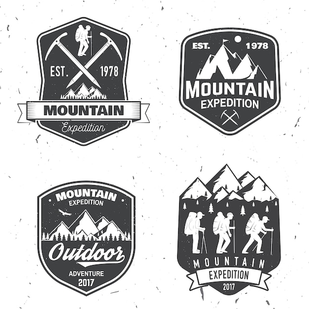 Vector vintage typografie ontwerp met bergbeklimmers en berg silhouet