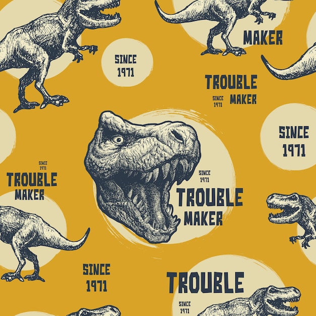 Vector vintage typografische afbeeldingen met trex. naadloze patroon