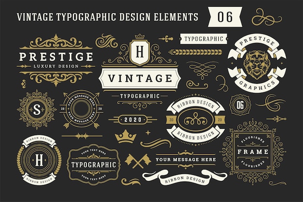 Vector vintage typografische decoratieve ornament ontwerpelementen instellen vectorillustratie