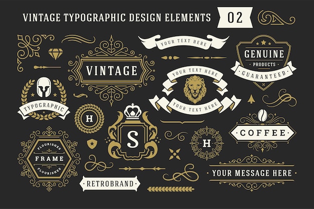 Vintage typografische decoratieve ornament ontwerpelementen instellen vectorillustratie