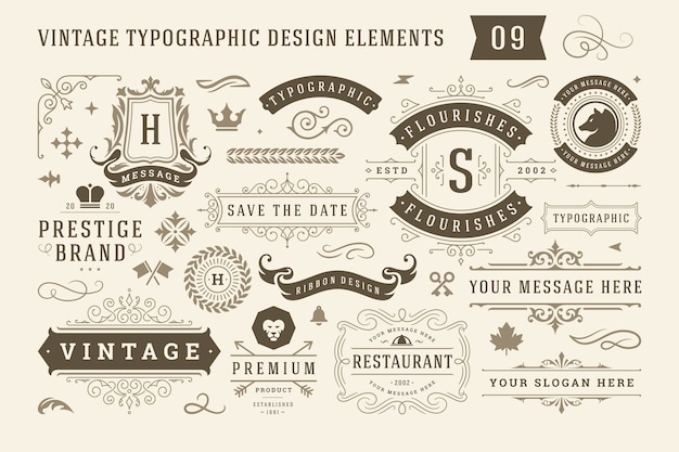 Вектор Винтажные типографские элементы дизайна набор этикеток и значков