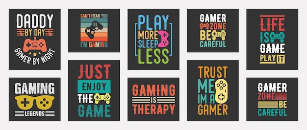 vintage typography game or gaming t-shirt design collection for print apparel