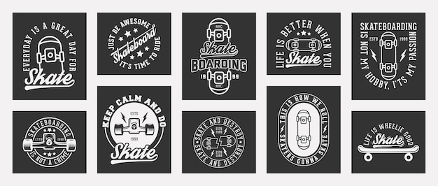 Collezione di design di t-shirt da skateboard tipografia vintage per l'aspetto della stampa