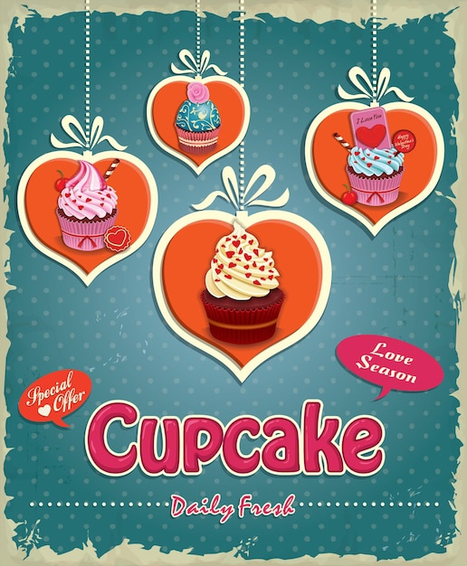 Vettore design vintage del poster di cupcake di san valentino