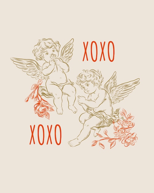 Vettore cupidi di san valentino vintage o carte di angeli piccoli in stile retrò inciso