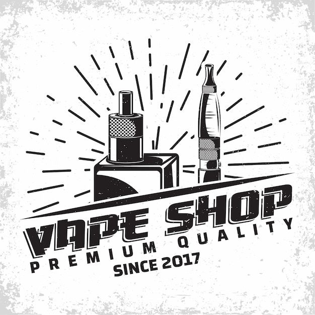 Design del logo vintage vape lounge, emblema del club o della casa di vape, emblema di tipografia monocromatica, francobolli stampati con grange rimovibile facile, vettore