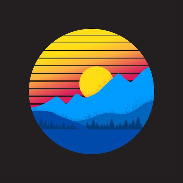 Винтажный шаблон Vaporwave Sun Style Mountain Sunset на черном фоне