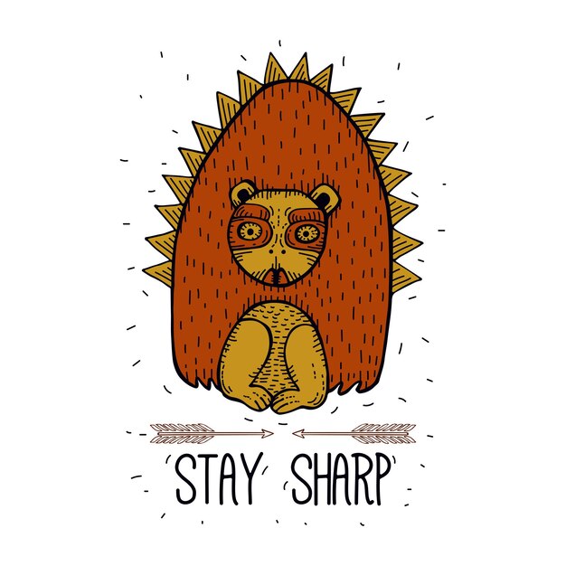 Vintage vector colorful illustration of aztec ancient hedgehog with text Engraved style