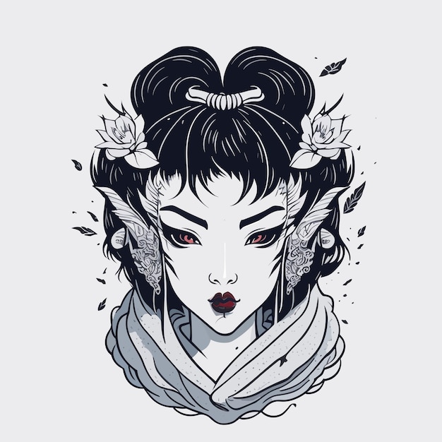 Vettore vintage un carino disegno di illustrazione di geisha per logo e elemento di branding con ornamenti