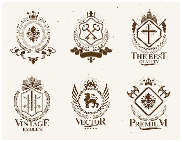 Vintage vector designelementen. Etiketten in retrostijl, heraldiek. Wapenschild collectie, vector set.