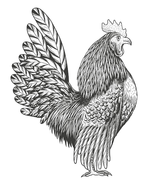 Vintage vector drawing of short-legged Bantam chicken or rooster