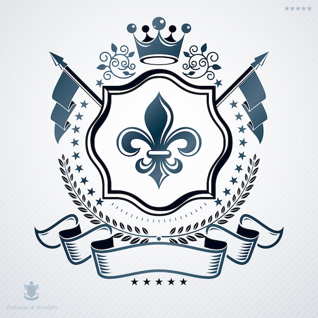 Vettore emblema vettoriale vintage realizzato in design araldico con corona reale