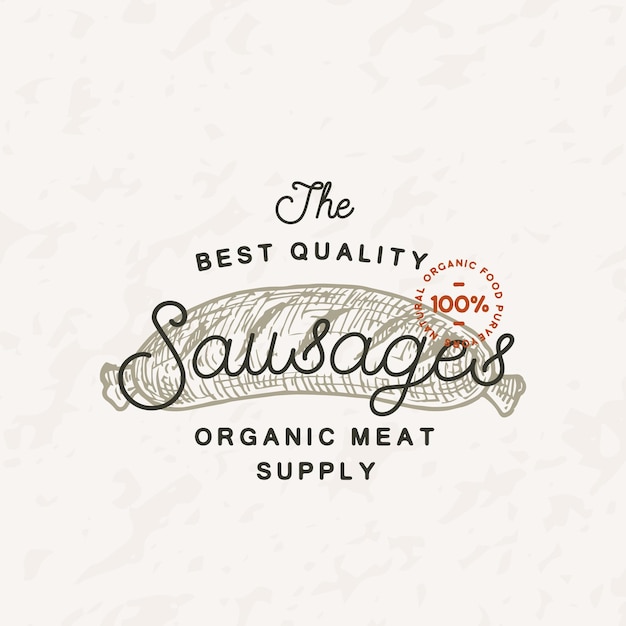 Vintage vector label logo template stile di incisione illustrazione di carne con tipografia disegnata a mano retro salsicce disegno emblema isolato