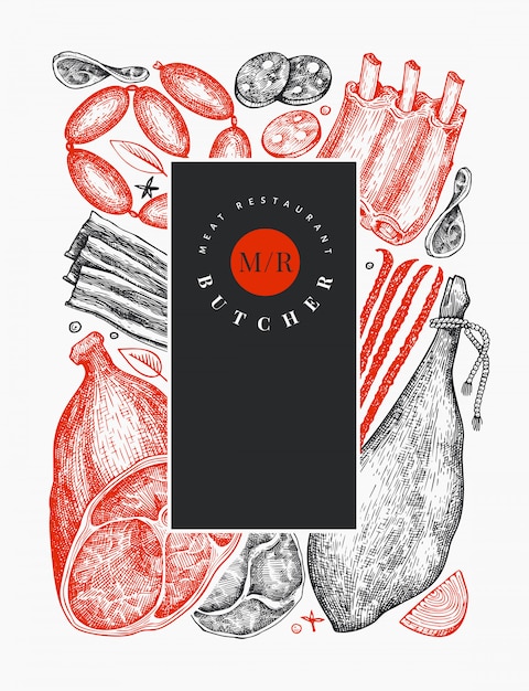 Vettore prodotti a base di carne vintage vettoriale. prosciutto, salsicce, jamon, spezie ed erbe disegnate a mano. illustrazione retrò può essere utilizzato per il menu del ristorante.