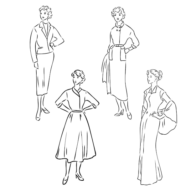 Vintage vector mensen set mode stijl set groep retro vrouw en man stijl schets stijl engravin