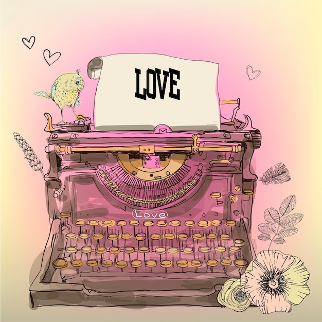 vintage vector typewriter with flowers and bird