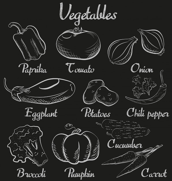 Vintage vegetables hand-drawn chalk blackboard