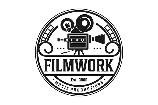 Design vintage del logo della videocamera per la produzione cinematografica