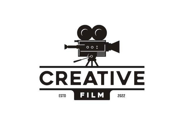 Vector vintage videocamera logo-ontwerp voor filmbioscoopproductie