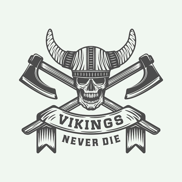 Vintage Vikingen motiverende logo label embleem badge in retro stijl met citaat Monochroom