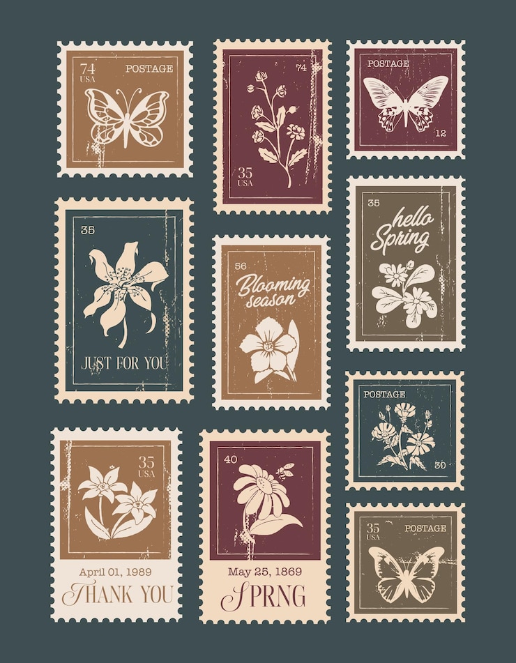 Vector vintage voorjaars botanische postzegels