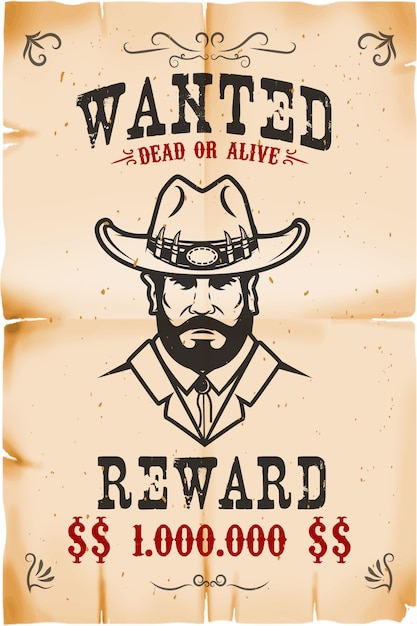 Vector vintage wanted poster template with old paper texture background. wild west theme.  illustration