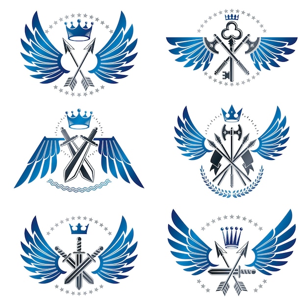 Vintage wapen emblemen set. Heraldische wapenschild decoratieve emblemen geïsoleerde vector illustraties collectie.