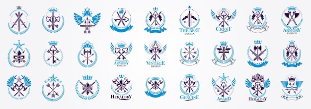 Vintage wapen vector logo's of emblemen, heraldische ontwerpelementen grote set, klassieke stijl heraldiek militaire oorlog arsenaal symbolen, antieke messen composities.